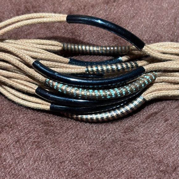 Tan/Green/Silver Women's Twelve Double Strand Cord Toggle Closure Bracelet - Picture 5 of 11